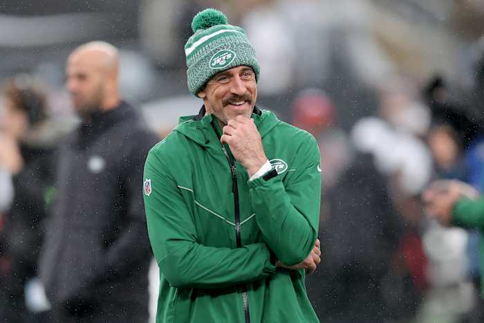 Jets' QB Aaron Rodgers prior to a December 3 game against Atlanta